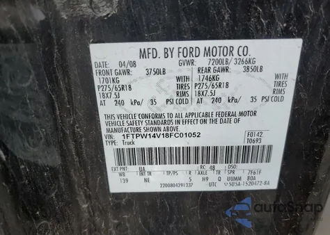 2008 Ford F150 Supercrew из США, поврежденный, VIN 1FTPW14V18FC01052